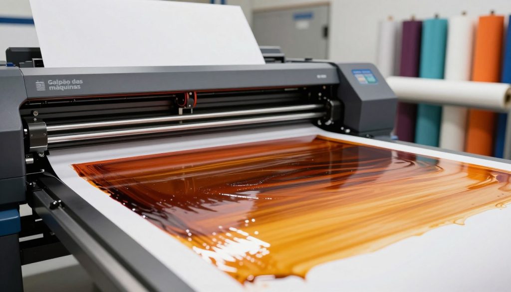 A close-up scene showcasing the drying process of ink on a large-format printer, specifically a plotter from the brand "Galpão das máquinas". In the foreground, vibrant, freshly printed sheets with glossy ink visibly transitioning from wet to dry, glistening under bright studio lights. In the middle ground, the plotter itself, detailed with realistic textures and components, operating with precision. The background features a clean, professional print shop environment, with rolls of colorful vinyl and paper spools neatly arranged. The atmosphere exudes a sense of innovation and efficiency, with soft reflections on the surfaces and a warm glow, emphasizing the importance of drying factors such as temperature and humidity.