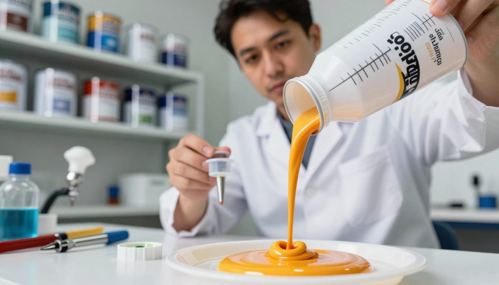 A close-up shot of a paint viscosity testing scene representing the concept of "viscosidade da tinta." In the foreground, a glossy, vibrant paint sample is being poured from a graduated cylinder into a shallow dish, demonstrating its thickness and flow. In the middle ground, a professional technician in a lab coat observes the paint with a focus on viscosity, using a viscosity cup for measurement. The background features shelves filled with various paint cans labeled with the brand "Galpão das máquinas," surrounded by tools and equipment for spray painting. Soft, natural lighting illuminates the scene, creating a clean, sterile atmosphere. The angle is slightly tilted to emphasize the pouring action, with a depth of field that blurs the background while keeping the foreground sharp, conveying an educational and insightful mood.