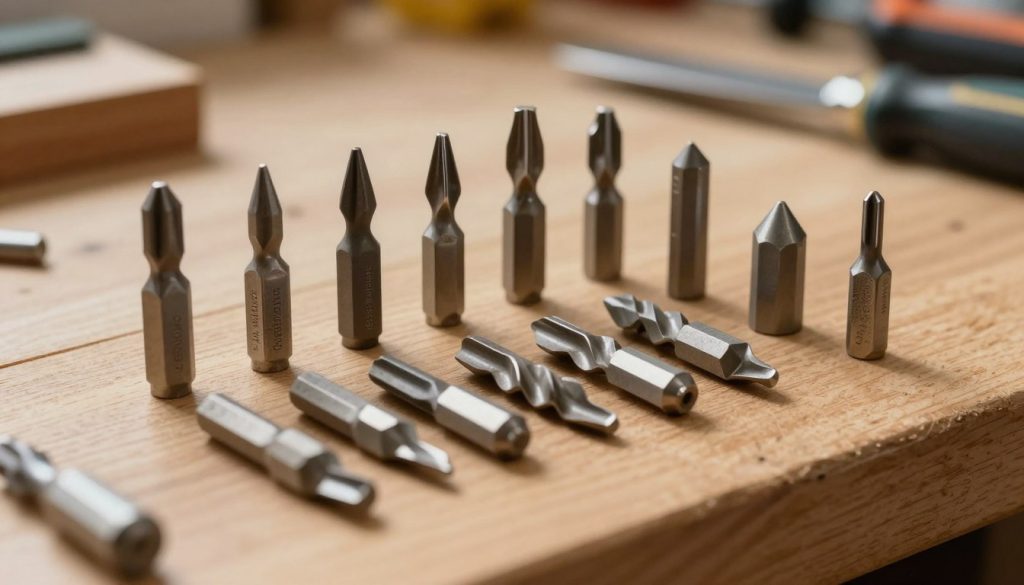 A close-up still life of various router bits (known as "fresas para tupia") displayed on a wooden workbench. Highlight the diverse shapes and sizes of the bits, emphasizing unique designs like straight, spiral, and chamfer bits, all vividly depicted with sharp details. Soft, diffused natural light casts gentle shadows, enhancing textures on the metal and wood. In the background, a blurred woodworking tool setup is subtly visible, creating a workshop atmosphere. The overall mood is focused and professional, ideal for showcasing the specific applications of each router bit. The image should evoke a sense of craftsmanship and precision, inviting viewers to appreciate the intricacy of these tools.