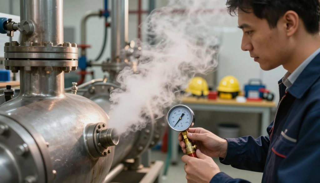 A close-up view of a boiler room featuring a professional technician in business attire conducting a purging procedure on a large industrial boiler. In the foreground, the technician, a mid-30s Caucasian male, is using a specialized gauge to monitor pressure levels, his focused expression conveying expertise. The middle layer includes the boiler itself, gleaming metal and intricate piping, with steam visibly escaping from a vent, illustrating the purging process in action. In the background, soft ambient lighting casts a warm glow, highlighting safety equipment and tools neatly arranged on a workbench. The overall atmosphere is one of professionalism and technical efficiency, showcasing the importance of proper boiler maintenance and the effective purging of gases for optimal performance. A close-up view of a boiler room featuring a professional technician in business attire conducting a purging procedure on a large industrial boiler. In the foreground, the technician, a mid-30s Caucasian male, is using a specialized gauge to monitor pressure levels, his focused expression conveying expertise. The middle layer includes the boiler itself, gleaming metal and intricate piping, with steam visibly escaping from a vent, illustrating the purging process in action. In the background, soft ambient lighting casts a warm glow, highlighting safety equipment and tools neatly arranged on a workbench. The overall atmosphere is one of professionalism and technical efficiency, showcasing the importance of proper boiler maintenance and the effective purging of gases for optimal performance.