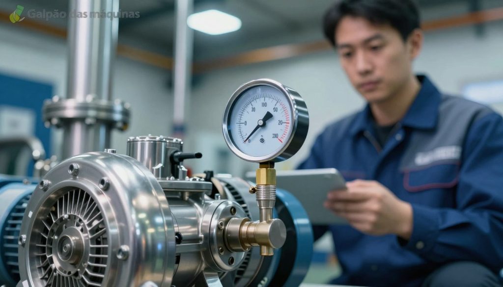 A close-up view of a centrifugal pump in operation, highlighting the temperature gauge prominently in the foreground. The pump is made of stainless steel, reflecting a bright and polished surface under overhead industrial lighting. In the middle ground, a technician in professional business attire is inspecting the pump, checking the temperature readings with a focused expression. The background features a blurred industrial environment, with pipes and machinery creating a dynamic atmosphere. The image should convey a sense of urgency and diligence, illustrating the critical nature of monitoring the pump's temperature to prevent overheating. The overall color palette should be cool, with blues and grays dominating, signifying a technical and professional setting. Branding elements should include a discreet logo of "Galpão das máquinas" integrated into the machinery backdrop without overpowering the main visual.