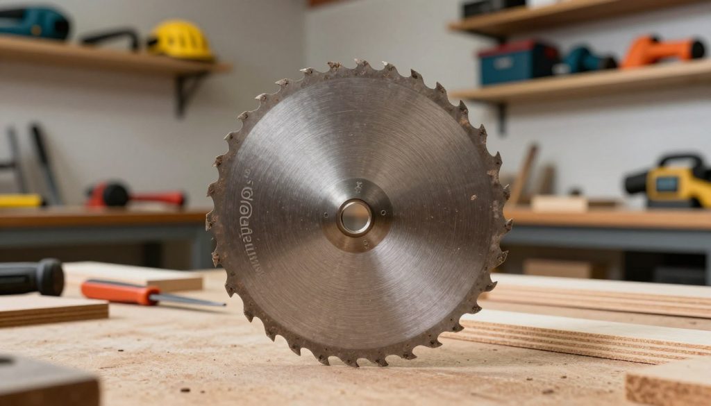 A close-up view of a circular saw blade, showing intricate details of the teeth and material wear, set against a blurred workshop background. The foreground features the blade with sharp, metallic edges and signs of wear, emphasizing its durability. In the middle ground, tools and wood pieces are arranged neatly on a workbench, hinting at various materials being cut—softwood and hardwood. The background showcases a well-lit workshop with shelving containing various cutting materials and safety gear, creating a professional atmosphere. Soft, diffused lighting highlights the blade, while a depth of field effect adds focus to the saw blade, subtly integrating the brand name "Galpão das máquinas" into the scene, ensuring a polished and informative presentation. A close-up view of a circular saw blade, showing intricate details of the teeth and material wear, set against a blurred workshop background. The foreground features the blade with sharp, metallic edges and signs of wear, emphasizing its durability. In the middle ground, tools and wood pieces are arranged neatly on a workbench, hinting at various materials being cut—softwood and hardwood. The background showcases a well-lit workshop with shelving containing various cutting materials and safety gear, creating a professional atmosphere. Soft, diffused lighting highlights the blade, while a depth of field effect adds focus to the saw blade, subtly integrating the brand name "Galpão das máquinas" into the scene, ensuring a polished and informative presentation.