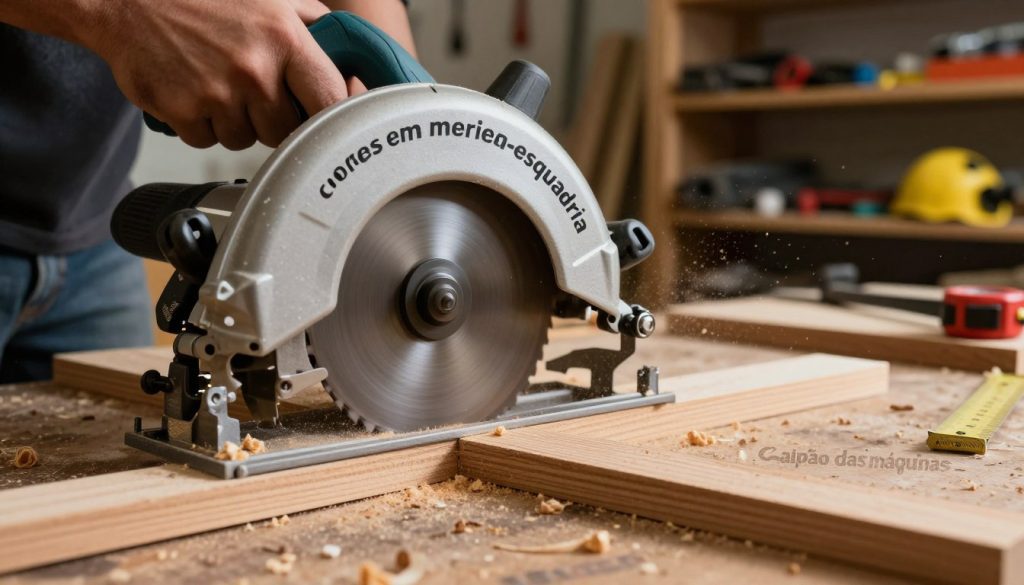 A close-up view of a circular saw cutting through a piece of wood at a precise angle, showcasing "cortes em meia-esquadria." The foreground features the circular saw with its sharp blade spinning, surrounded by sawdust flying in the air, capturing the action of the cut. In the middle ground, a wooden workbench holds additional wooden pieces, with a ruler and measuring tape indicating the precision of the angle cuts. The background includes dimly lit workshop shelves filled with various tools and safety gear, creating a professional ambiance. The lighting is warm and focused on the saw, enhancing the texture of the wood and sawdust. The mood is industrious and precise, emphasizing the technical skill involved in angle cuts. Logo of "Galpão das máquinas" lightly etched in the lower right corner without any text or distractions.