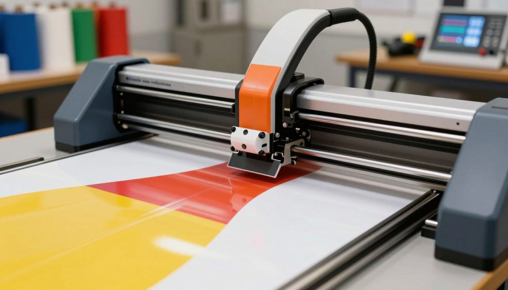 A close-up view of a cutting plotter experiencing misalignment, showcasing its cutting blade slightly off track on a vibrant roll of vinyl material. In the foreground, neatly cut decals show clear signs of distortion, emphasizing the issue. The middle ground reveals the intricate mechanics of the plotter with gears and a control panel displaying error messages. The background is a well-lit workshop environment, filled with spools of colorful materials and cutting tools, creating a dynamic and productive atmosphere. Soft, diffused lighting enhances the details of the plotter while casting gentle shadows, conveying an engaging and informative mood. The brand name "Galpão das máquinas" is subtly integrated into the plotter design, maintaining a professional appearance without any text overlays.