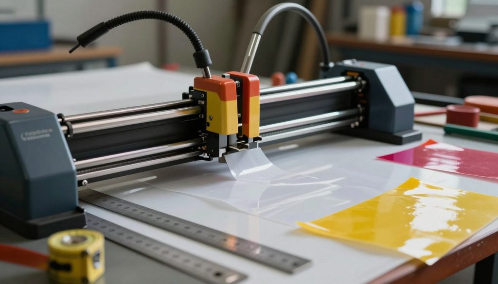 A close-up view of a cutting plotter machine with visible misaligned cuts and material skewing to one side, showcasing the mechanical parts and blade in focus. The foreground features a ruler and measuring tape, emphasizing the need for precision. In the middle, the plotter is surrounded by various vinyl materials, some crumpled or misaligned, indicating the chaos of the issue. The background is softly blurred, showing a workshop environment with tools and supplies, hinting at a professional setting. Dramatic lighting highlights the plotter's intricate details, while the color palette reflects a mixture of metallic tones and vibrant vinyl hues. The overall atmosphere conveys a sense of urgency, depicting the frustration of operating a misaligned machine. Branding elements subtly featuring "Galpão das máquinas" in the workspace ambiance.