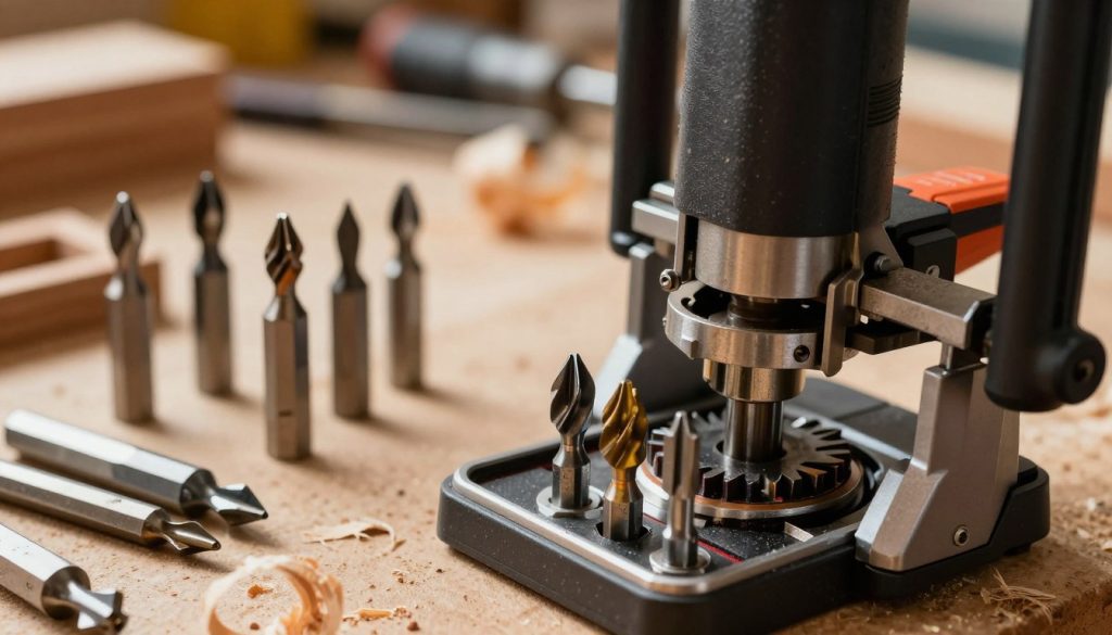 A close-up view of a handheld router in operation, showcasing intricate router bits and end mills in vibrant detail. In the foreground, focus on a high-quality, well-used router, its metallic body reflecting subtle studio lighting. The middle ground features a workbench cluttered with various sharp, professional router bits, each exhibiting unique shapes and wear patterns, indicating their usage. In the background, blurred but discernible, is a woodwork workshop filled with wood shavings and tools, casting a warm, industrious atmosphere. The lighting highlights the fine textures of the router and bits, creating depth and contrast. Capture the mood of concentration and craftsmanship as if frozen in time during a moment of problem-solving in woodworking. A close-up view of a handheld router in operation, showcasing intricate router bits and end mills in vibrant detail. In the foreground, focus on a high-quality, well-used router, its metallic body reflecting subtle studio lighting. The middle ground features a workbench cluttered with various sharp, professional router bits, each exhibiting unique shapes and wear patterns, indicating their usage. In the background, blurred but discernible, is a woodwork workshop filled with wood shavings and tools, casting a warm, industrious atmosphere. The lighting highlights the fine textures of the router and bits, creating depth and contrast. Capture the mood of concentration and craftsmanship as if frozen in time during a moment of problem-solving in woodworking.