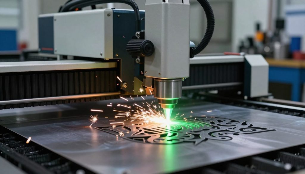 A close-up view of a high-powered CO2 laser cutting machine in action, showcasing a beam of bright green laser light piercing through a metal sheet. In the foreground, intricate metal designs being cut are illuminated by the laser, with sparks flying in a dynamic display. The middle ground includes a detailed laser cutter setup, featuring precision instruments and cooling systems, exuding a sense of advanced technology. The background shows a dimly lit industrial workshop filled with tools and machinery, adding depth and context. Soft, focused lighting highlights the laser beam and the cut edges, creating a captivating atmosphere of innovation and craftsmanship. The image conveys a sense of precision and high tech, emphasizing the detailed process of CO2 laser cutting.
