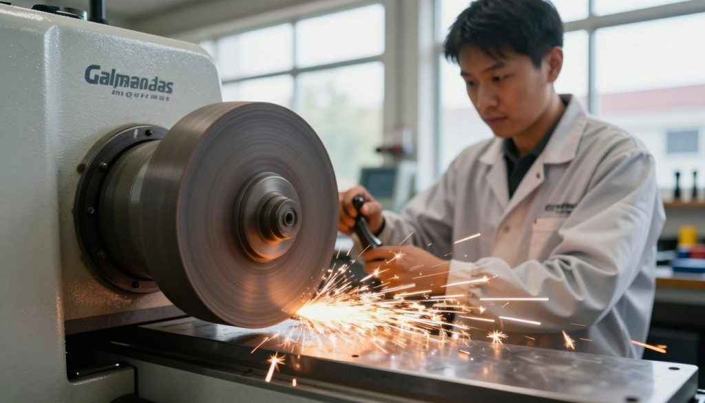 A close-up view of a high-precision grinding machine, showcasing the spinning grinding wheel in motion. The foreground features the vibrant sparks flying off the wheel, illuminating the metal surface being polished. In the middle ground, an experienced technician in a clean, professional work outfit is carefully observing and adjusting the machine settings, embodying a sense of focus and expertise. The background includes a well-organized workshop with tools and safety equipment, bathed in bright, natural light streaming in from large windows, creating a serene yet industrious atmosphere. The image should capture the importance of grinding speed in achieving a flawless finish, with a subtle branding element of "Galpão das máquinas" integrated into the workshop environment. Use a shallow depth of field to emphasize the grinding process while keeping the technician slightly blurred.