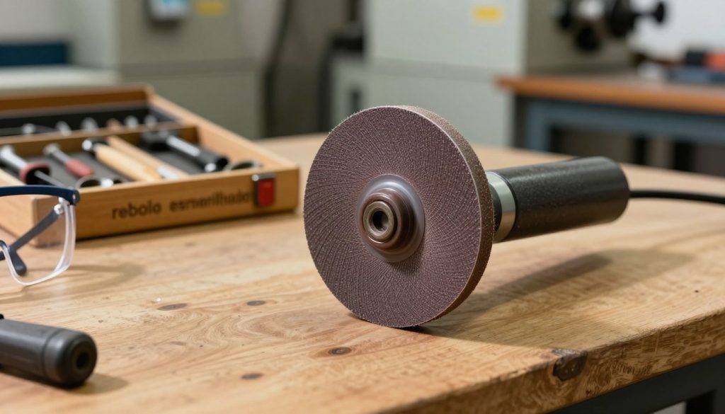A close-up view of a high-quality "rebolo esmerilhador" (grinding wheel) prominently displayed on a wooden workbench. In the foreground, show a detailed, textured surface of the grinding wheel with fine abrasives, radiating a subtle sheen under bright workshop lighting. In the middle ground, include a small toolbox with various tools organized neatly, and a pair of safety goggles that hint at maintenance and care practices. The background should feature an industrial workshop atmosphere, with faintly blurred machines and equipment to emphasize professionalism, ensuring it feels like a well-organized workspace. The brand "Galpão das máquinas" should be subtly incorporated into the scene, perhaps engraved on the toolbox. Utilize a warm color palette and soft shadows to create an inviting yet serious mood for maintenance and care.