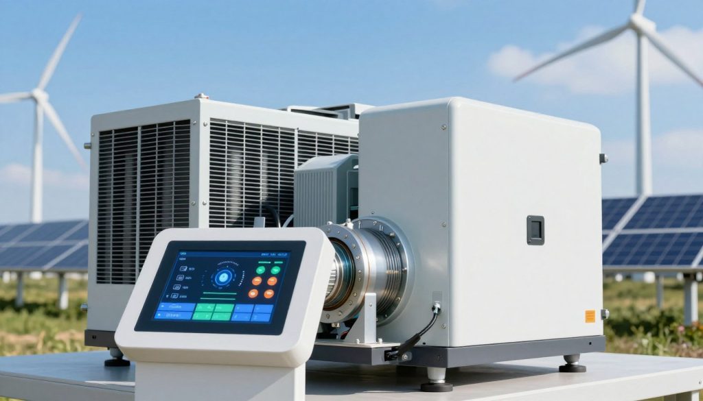 A close-up view of a high-tech energy generator showcasing its energy efficiency features. In the foreground, highlight intricate components like a digital control panel with glowing indicators and energy output readings. The middle ground should display the generator itself, blending modern engineering with sustainability, emphasizing sleek design and cooling systems. In the background, a serene landscape with wind turbines and solar panels under a bright blue sky illustrates renewable energy integration. Use natural lighting to create a bright and optimistic atmosphere, focusing on angles that emphasize both the generator's scale and its harmony with nature. The scene should evoke a sense of innovation and promise in energy efficiency.