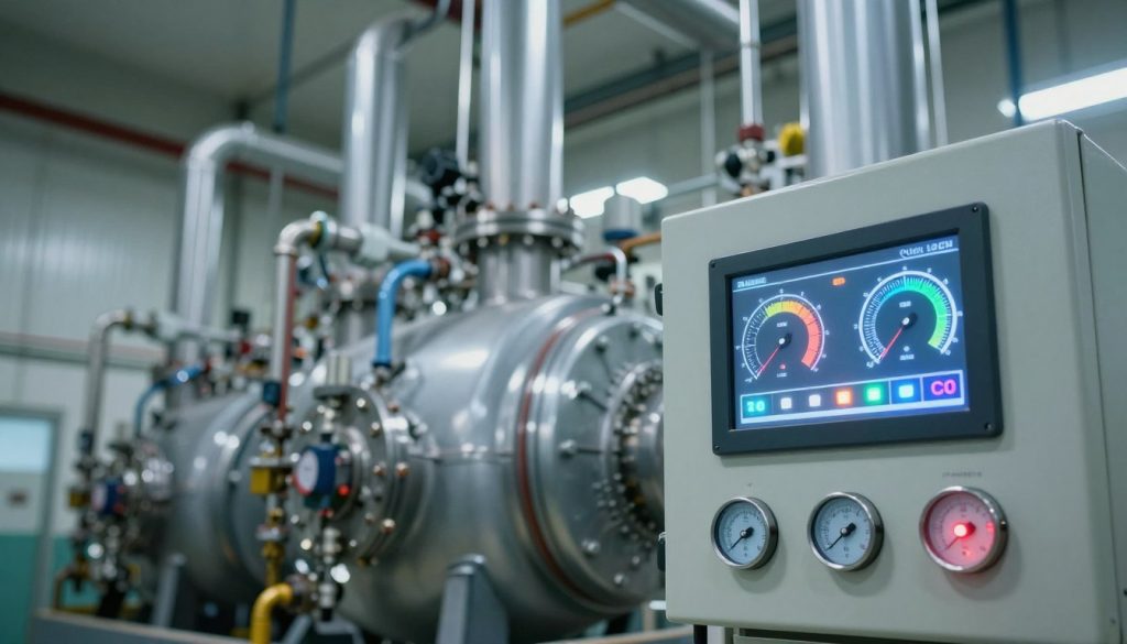 A close-up view of a high-tech industrial boiler control panel displaying ideal operating temperature settings. The foreground features sleek digital gauges and bright LED indicators showing optimal temperature ranges in vibrant colors. The middle showcases a well-maintained boiler system surrounded by intricate piping, with steam and subtle reflections indicating operational activity. The background depicts an expansive, high-tech boiler room with soft, ambient lighting emphasizing cleanliness and efficiency. The atmosphere feels professional and focused, suggesting a controlled environment. The angle is slightly angled upward to capture the boiler’s height, adding a sense of scale, and ensuring that the image conveys precision and advanced technology without any text or distractions. A close-up view of a high-tech industrial boiler control panel displaying ideal operating temperature settings. The foreground features sleek digital gauges and bright LED indicators showing optimal temperature ranges in vibrant colors. The middle showcases a well-maintained boiler system surrounded by intricate piping, with steam and subtle reflections indicating operational activity. The background depicts an expansive, high-tech boiler room with soft, ambient lighting emphasizing cleanliness and efficiency. The atmosphere feels professional and focused, suggesting a controlled environment. The angle is slightly angled upward to capture the boiler’s height, adding a sense of scale, and ensuring that the image conveys precision and advanced technology without any text or distractions.