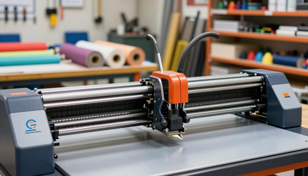 A close-up view of a high-tech plotter machine in a vibrant workshop environment, showcasing its intricate mechanisms and technology. The foreground features the plotter with detailed components visible, like the cutting blade and print rollers. In the middle ground, various rolls of colorful materials and an organized workspace are present, while the background displays shelves filled with design tools and materials. The lighting is bright and focused, highlighting the plotter's capabilities and emphasizing the sleek metallic surfaces. The mood is industrious and innovative, reflecting the advanced technology in action. The logo "Galpão das máquinas" is subtly integrated into the image, showcasing professionalism and modern craftsmanship.