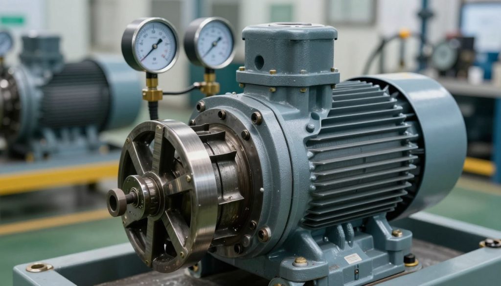 A close-up view of a hydraulic pump, clearly highlighting various components such as the motor, impeller, and piping. The foreground showcases any visible signs of wear or damage, emphasizing the causes of excessive noise. In the middle ground, mechanical gauges display pressure levels and flow rates, indicating operational status. The background features a blurred industrial setting, depicting an environment where the pump operates, such as a factory floor with pipes and machinery. Soft, diffused lighting creates a professional atmosphere, enhancing the details of the pump. The angle captures the pump from a slightly elevated perspective, allowing a comprehensive view of its features. The overall mood is informative and technical, suitable for educational purposes. A close-up view of a hydraulic pump, clearly highlighting various components such as the motor, impeller, and piping. The foreground showcases any visible signs of wear or damage, emphasizing the causes of excessive noise. In the middle ground, mechanical gauges display pressure levels and flow rates, indicating operational status. The background features a blurred industrial setting, depicting an environment where the pump operates, such as a factory floor with pipes and machinery. Soft, diffused lighting creates a professional atmosphere, enhancing the details of the pump. The angle captures the pump from a slightly elevated perspective, allowing a comprehensive view of its features. The overall mood is informative and technical, suitable for educational purposes.