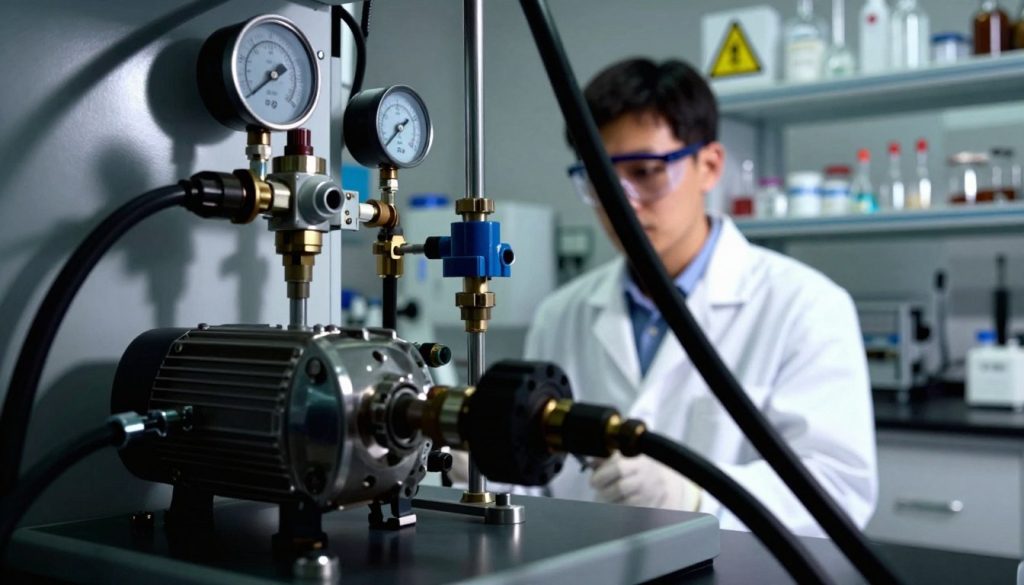 A close-up view of a laboratory setup focused on a vacuum pump, showcasing potential risks involved in its use. In the foreground, there is a vacuum pump with visible gauges, hoses, and ominously dark shadows accentuating its mechanical parts. The middle section includes a lab technician in professional attire, carefully monitoring the equipment while wearing protective goggles and gloves, emphasizing safety precautions. The background features shelves filled with glassware and warning signs about the risks of pressure changes, spills, and electrical hazards. The lighting is bright and clinical, casting high-contrast shadows that enhance the seriousness of the scene. The atmosphere conveys caution and professionalism, highlighting the importance of safety measures in a lab environment involving vacuum technology.