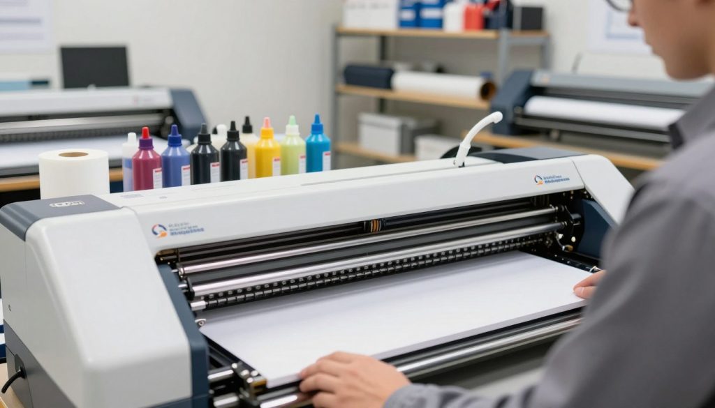 A close-up view of a large-format plotter in a well-lit workshop, showcasing the intricate details of the machine's components and operational parts. In the foreground, a technician in a professional business attire inspects the plotter, highlighting the importance of quality materials and maintenance on the lifespan of the equipment. In the middle ground, various inks and rolls of specialty media are neatly arranged, emphasizing their role as essential supplies that influence longevity. The background features a clean and organized workspace with shelves holding other printing supplies, subtly branded with "Galpão das máquinas," conveying a sense of professionalism and competence. The lighting is bright and even, focusing on the technician and the plotter, creating a mood of diligence and attention to detail.