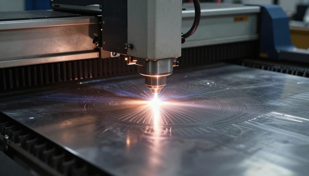 A close-up view of a laser cutting machine in action, with a focus on a bright, focused beam of light cutting through a sheet of metal. In the foreground, show detailed glows and reflections on the metal surface from the laser's heat. The middle ground features the intricate patterns being cut into the metal, capturing both precision and artistry. In the background, dimly lit workshop settings, with tools and materials scattered about, creating a sense of an active working environment. The lighting should highlight the contrast between the bright laser beam and the shadows cast by the machine. Aim for a technical, industrial atmosphere that conveys innovation and precision in laser cutting technology. A close-up view of a laser cutting machine in action, with a focus on a bright, focused beam of light cutting through a sheet of metal. In the foreground, show detailed glows and reflections on the metal surface from the laser's heat. The middle ground features the intricate patterns being cut into the metal, capturing both precision and artistry. In the background, dimly lit workshop settings, with tools and materials scattered about, creating a sense of an active working environment. The lighting should highlight the contrast between the bright laser beam and the shadows cast by the machine. Aim for a technical, industrial atmosphere that conveys innovation and precision in laser cutting technology.