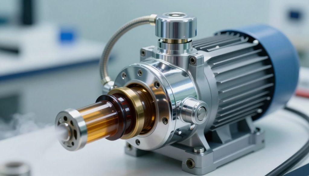 A close-up view of a lubricated vacuum pump, showcasing its intricate components with polished metallic surfaces, including the motor and hoses. The foreground features a detailed display of the pump's lubrication system, with oil mist visible to illustrate its operation. In the middle, the pump itself is prominently positioned, with reflections on its chrome surfaces, while the background is softly blurred, highlighting laboratory equipment in a sterile, professional setting. Soft, diffused lighting enhances the shiny surfaces, creating a clean, technical atmosphere. The angle is slightly tilted to provide a dynamic perspective, focusing on the richness of textures and the precision engineering of the vacuum pump.