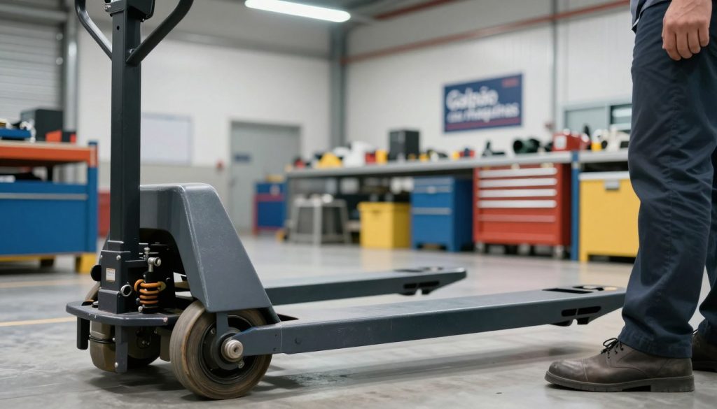 A close-up view of a manual pallet jack being inspected in a warehouse setting. In the foreground, an individual in professional business attire is carefully examining the wheels and handlebars of the pallet jack, ensuring all components are in good condition. The middle ground showcases various tools and equipment neatly arranged on a workbench, emphasizing the technical aspect of the inspection process. In the background, bright industrial lighting illuminates the space, creating a clean and organized atmosphere that reflects a focus on safety and efficiency. Capture the image with a shallow depth of field to emphasize the inspection details while softly blurring the background. The brand "Galpão das máquinas" is subtly integrated into the setting, possibly on a safety poster or toolbox.