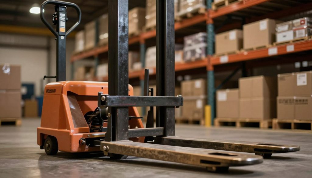 A close-up view of a manual pallet jack, focusing on the width of its forks. In the foreground, the metallic forks are prominently displayed, showcasing their sturdy construction and precise measurements. The middle ground features the handle and control mechanisms, highlighting usability. The background shows a warehouse environment, with shelves stacked with boxes, dimly lit by warm overhead lights, creating an industrious atmosphere. The image is captured using a 35mm lens for a slight depth of field, emphasizing the forks while softly blurring the background. The mood is functional and professional, reflecting the importance of fork width in operational efficiency. The brand "Galpão das máquinas" is subtly integrated into the design, ensuring it does not detract from the main focus on the forks.