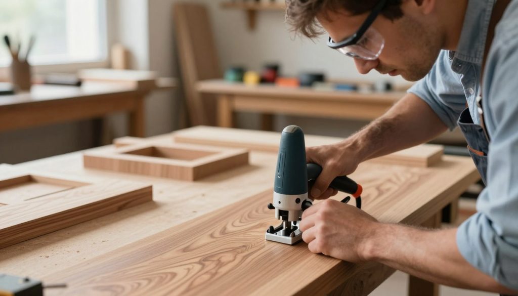 A close-up view of a manual router being used in a modern woodworking workshop. In the foreground, a skilled carpenter, dressed in a light blue shirt and safety goggles, focuses intently on guiding the router across a polished wooden surface, showcasing intricate details of the wood grain. In the middle ground, various wooden project pieces are displayed, illustrating the router’s applications - like edge profiling and joinery. The background features workshop tools and a workbench, subtly blurred to keep the focus on the router's precision. Natural light streams in from a window, creating a warm, inviting atmosphere that highlights the craftsmanship and dedication involved in modern carpentry.