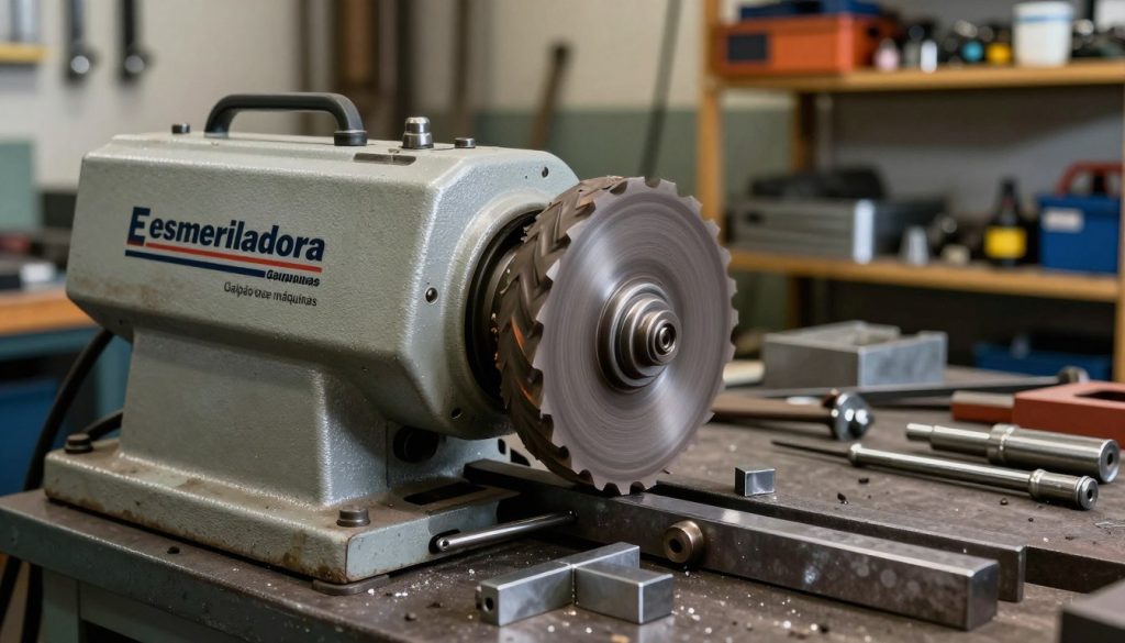 A close-up view of a metal grinding machine, specifically an "esmeriladora," in a well-lit industrial workshop. The machine, branded "Galpão das máquinas," should be depicted in the foreground, showcasing its sharp grinding wheel and intricate components. In the middle ground, various tools and metal pieces are scattered, reflecting a busy workspace filled with the essence of craftsmanship. The background includes shelves with metal parts and safety equipment, emphasizing an organized yet active environment. The lighting is bright and slightly dramatic, casting soft shadows, which enhances the metallic textures and highlights the machine's reliability. The overall atmosphere conveys professionalism and industriousness, suitable for an informative article on industrial equipment.