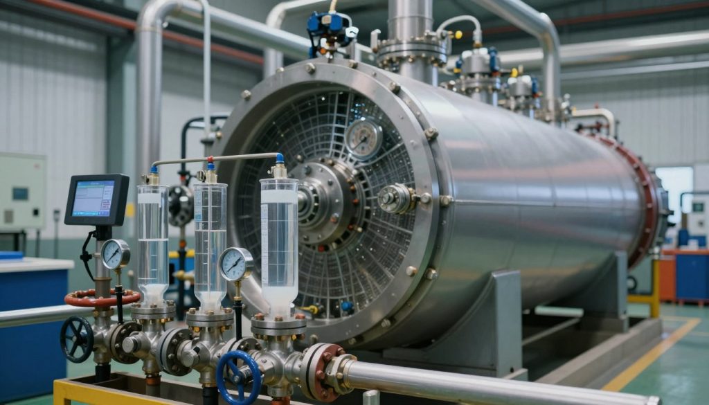A close-up view of a modern industrial boiler system, showcasing the inner workings and components designed to prevent scale buildup. In the foreground, depict a clear water treatment system with various pipes and valves, emphasizing technical details like gauges and digital monitors. The middle ground features the large boiler, artfully illuminated with soft, ambient lighting to highlight its metallic surfaces and intricate designs. In the background, maintain a blurred but recognizable factory setting, filled with machinery and containers to convey an efficient industrial atmosphere. Use a slight angle to provide depth, and create a sense of professionalism and cleanliness. The overall mood is focused and technical, evoking the importance of proper water treatment in boiler efficiency.