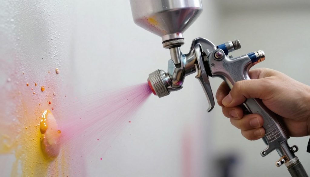 A close-up view of a paint spray gun in action, demonstrating the flow of paint and spray pattern. The foreground features glistening droplets of colorful paint being released, capturing the dynamics of application with detailed splashes. In the middle ground, the nozzle of the spray gun is visible, focusing on the precise adjustment settings of the trigger, with a backdrop of a blurred surface being painted. The lighting is bright and soft, creating vibrant contrasts that highlight the colors and textures. The scene is set in a well-lit workshop environment, conveying professionalism and attention to detail. The atmosphere is dynamic yet controlled, emphasizing the importance of proper paint flow and spray regulation.