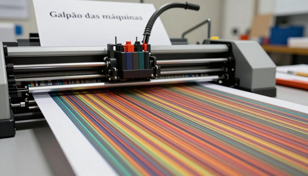 A close-up view of a plotter printing a high-resolution image, highlighting the issue of vertical banding. The foreground features a vivid, detailed printout showing clear stripes of color variation, emphasizing the banding effect. In the middle, the plotter itself is showcased, with visible print heads and ink cartridges in action, capturing the intricate mechanisms behind the printing process. The background includes a softly blurred workshop environment, filled with printing materials, tools, and a subtle indication of "Galpão das máquinas" branding on the wall. Soft, diffused lighting creates a professional ambiance, with highlights on the print and the plotter, conveying a sense of focus and clarity on the technical challenge of vertical banding in printing.