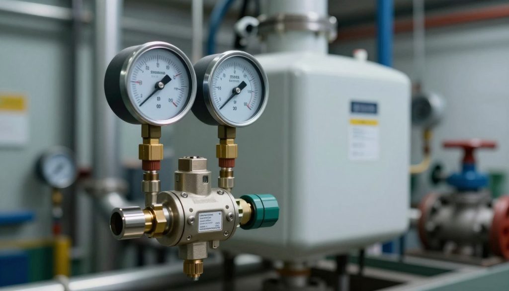 A close-up view of a pressure switch (pressostato) used in a boiler system, showcasing its intricate design and functionality. The foreground features the metallic pressure switch with clear markings and connections, illuminated by soft, focused lighting to highlight its components. In the middle ground, a sleek, modern boiler can be seen, with pipes and pressure gauges attached, representing a functional industrial setting. The background includes blurred images of industrial machinery and valves, creating depth. The atmosphere is technical and professional, reflecting a sense of precision and efficiency in pressure control mechanisms. The image should evoke a sense of innovation and reliability, with an emphasis on the importance of pressure regulation in boiler operation.