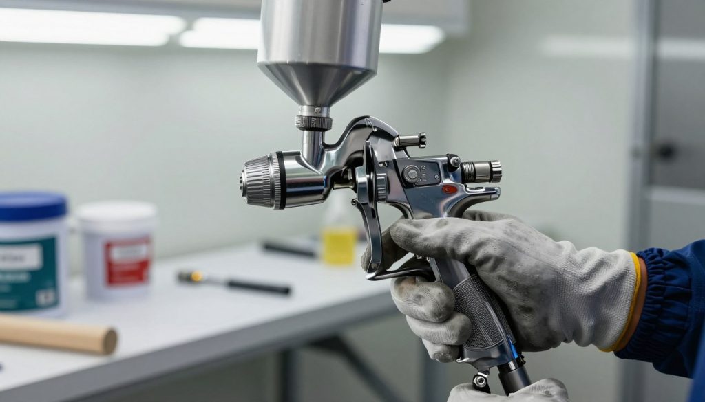 A close-up view of a professional paint spray gun being adjusted in a well-lit workshop setting. In the foreground, focus on a skilled technician's hand, clad in a mechanic's glove, meticulously adjusting the pressure dial and nozzle settings of the spray gun. The middle ground showcases the spray gun itself, highlighting its intricate design with metallic surfaces reflecting ambient light. In the background, a clean workstation is visible, with paint containers and masking materials, ensuring a professional atmosphere. Soft overhead lighting enhances the details of the equipment, while a slight depth of field blurs the background, emphasizing the importance of the correct adjustment process. The overall mood conveys precision and professionalism in the art of painting regulation.