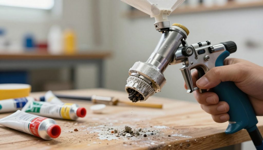 A close-up view of a professional paint sprayer with visible blockages at the nozzle, showcasing dried paint and debris. The sprayer is situated on a wooden workbench cluttered with paint tubes and tools in the foreground, emphasizing the issue of clogging. In the middle ground, there's a blurred background featuring a well-organized workshop environment with soft lighting illuminating the scene, highlighting the intricacies of the sprayer’s mechanism. A focus on texture, with glossy paint surfaces contrasting against the dull wood of the bench, creates a vivid atmosphere of craftsmanship. The image should convey a technical yet informative mood, suitable for illustrating the challenges of paint sprayer maintenance without any captions or text overlays. A close-up view of a professional paint sprayer with visible blockages at the nozzle, showcasing dried paint and debris. The sprayer is situated on a wooden workbench cluttered with paint tubes and tools in the foreground, emphasizing the issue of clogging. In the middle ground, there's a blurred background featuring a well-organized workshop environment with soft lighting illuminating the scene, highlighting the intricacies of the sprayer’s mechanism. A focus on texture, with glossy paint surfaces contrasting against the dull wood of the bench, creates a vivid atmosphere of craftsmanship. The image should convey a technical yet informative mood, suitable for illustrating the challenges of paint sprayer maintenance without any captions or text overlays.