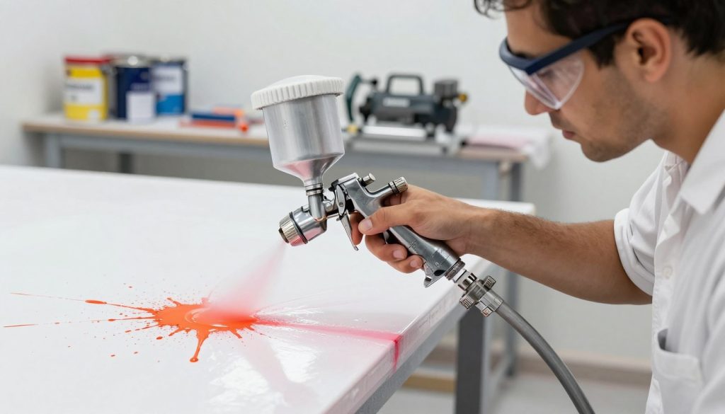 A close-up view of a professional painter using a high-quality spray gun connected to an air compressor, set in a bright, well-lit workshop. The focus is on the painter’s concentrated expression, wearing a clean white shirt and safety goggles. In the foreground, vibrant paint splatters and droplets show the texture and richness of the colors being applied. In the middle ground, a freshly painted surface reflects a smooth and glossy finish, symbolizing quality. The background features an organized workspace with tools and paint cans labeled "Galpão das máquinas." The lighting is bright and even, highlighting the contrast between the painted surface and the workshop equipment. The atmosphere is one of diligence and craftsmanship, emphasizing the relationship between air consumption and paint quality.
