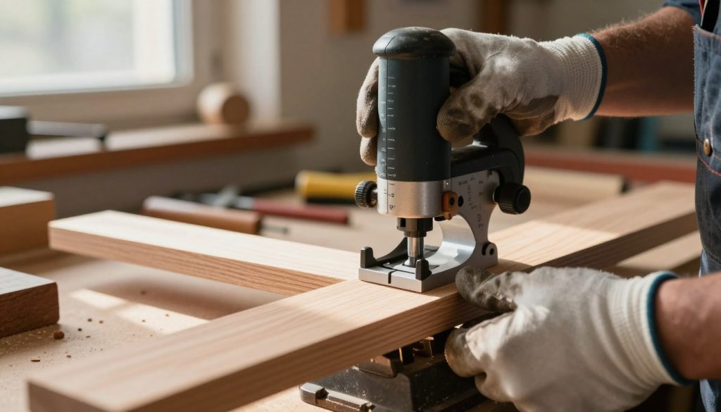 A close-up view of a professional woodworker adjusting the depth setting on a router, showcasing precision in tool regulation. In the foreground, the woodworker’s hands, wearing safety gloves, carefully manipulate the depth adjustment knob of a high-quality router with clear numerical markings. In the middle, the wooden workpiece is firmly secured in a vise, with freshly cut edges and a fine grain texture visible. Soft natural light filters in from a window nearby, casting gentle shadows that highlight the meticulous details of the setup. In the background, a tidy workshop is visible with various tools, creating an atmosphere of focus and craftsmanship. The scene conveys a sense of concentration and professionalism, emphasizing the importance of proper adjustments in woodworking.