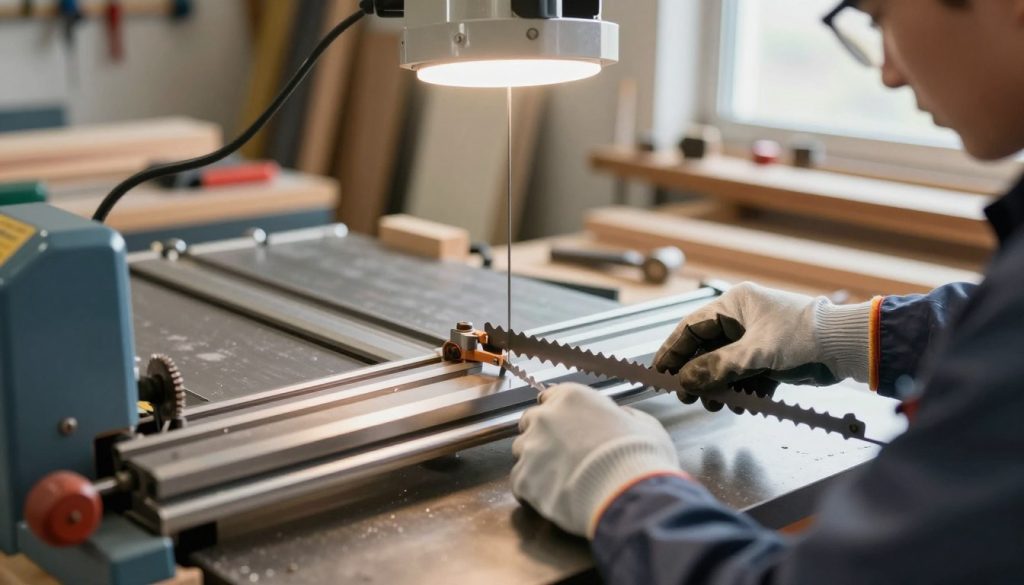 A close-up view of a professional workshop setting, focusing on a technician carefully adjusting the tension of a bandsaw blade. The technician, dressed in a safety uniform with gloves and goggles, is positioned in the foreground, actively engaged in the precise adjustment process. In the middle, the metallic bandsaw machine glints under bright overhead lights, showcasing its sharp blade and gears. The background features neatly organized tools and wooden materials, indicative of a well-maintained workspace. Soft, natural lighting from a nearby window creates a warm atmosphere, highlighting the importance of proper tensioning. The composition captures a moment of expertise and diligence, emphasizing the significance of correct blade tension in extending the blade's lifespan. A close-up view of a professional workshop setting, focusing on a technician carefully adjusting the tension of a bandsaw blade. The technician, dressed in a safety uniform with gloves and goggles, is positioned in the foreground, actively engaged in the precise adjustment process. In the middle, the metallic bandsaw machine glints under bright overhead lights, showcasing its sharp blade and gears. The background features neatly organized tools and wooden materials, indicative of a well-maintained workspace. Soft, natural lighting from a nearby window creates a warm atmosphere, highlighting the importance of proper tensioning. The composition captures a moment of expertise and diligence, emphasizing the significance of correct blade tension in extending the blade's lifespan.