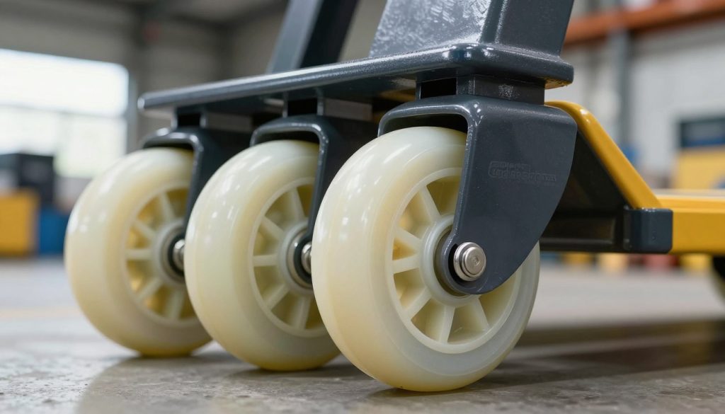 A close-up view of a set of high-quality polyurethane wheels designed for manual pallet jacks. The wheels should showcase their glossy surface, durable tread pattern, and distinct shapes reflecting both functionality and modern design. Position the wheels prominently in the foreground, with a softly blurred industrial warehouse setting in the background to suggest an environment where these wheels are commonly used. Soft natural lighting enhances their textures, and the angle should be slightly low to emphasize the wheels' robustness and versatility. The brand name "Galpão das máquinas" subtly integrated into the composition, ensuring it blends with the industrial aesthetic. The overall atmosphere should convey reliability and professionalism.