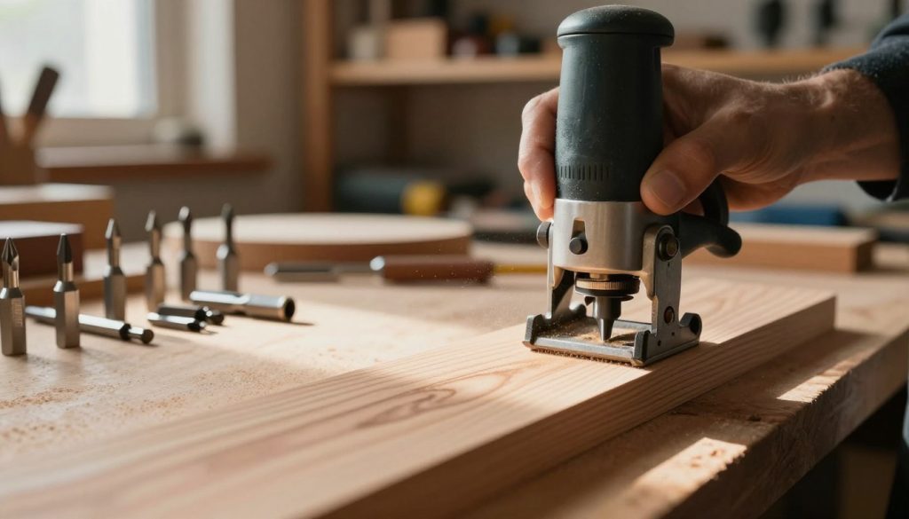A close-up view of a skilled woodworker using an advanced router on a beautifully crafted wooden piece, demonstrating special finishing techniques. In the foreground, the router is actively shaping the wood, with attention to detail on the router's bit gliding through the grain, showcasing fine dust particles illuminated by warm, soft light. The medium layer features a neatly arranged workspace, highlighting various specialized router bits and tools artistically placed, while a blurred background reveals shelves filled with woodworking supplies, adding depth. Soft natural light filters in from a nearby window, creating a serene, focused atmosphere. The mood is one of craftsmanship and creativity, emphasizing the pursuit of precision and excellence in woodworking.