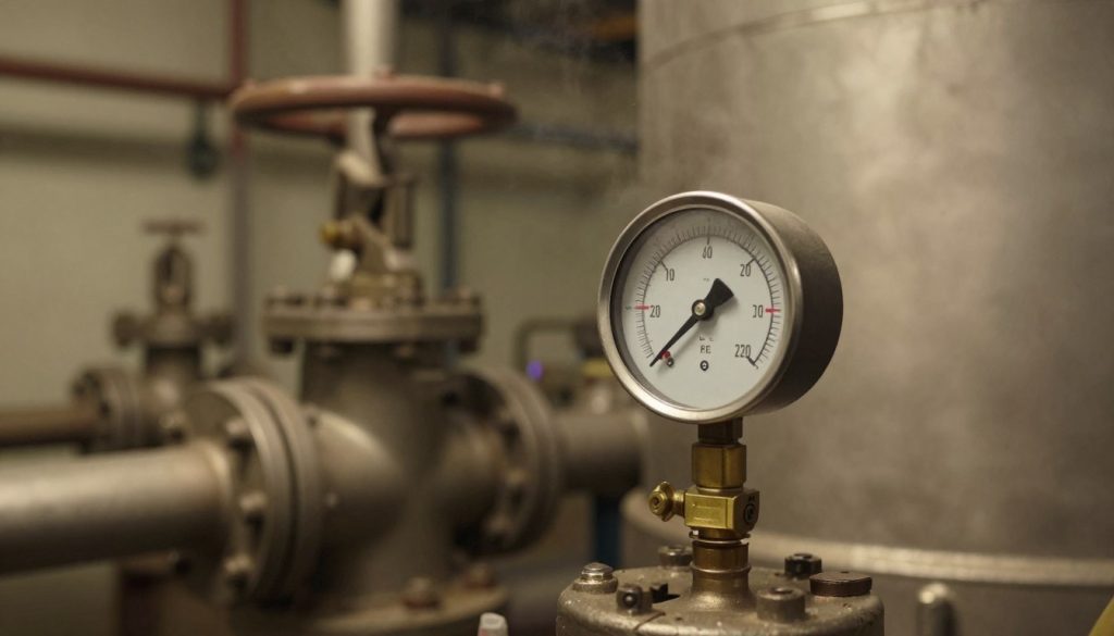A close-up view of a steam boiler system, showcasing the boiler pressure gauge prominently in the foreground. The gauge displays high pressure readings, emphasizing its operational importance. In the middle ground, intricate pipes and valves are interconnected in a network, hinting at the complexity of the system. The background should feature a dimly lit industrial environment with steel surfaces and subtle steam rising, creating an atmosphere of warmth and activity. Soft, diffused lighting illuminates the scene, casting gentle shadows that enhance the texture of the materials. The image should evoke a sense of engineering precision and reliability, capturing the critical nature of boiler pressure in industrial operations.