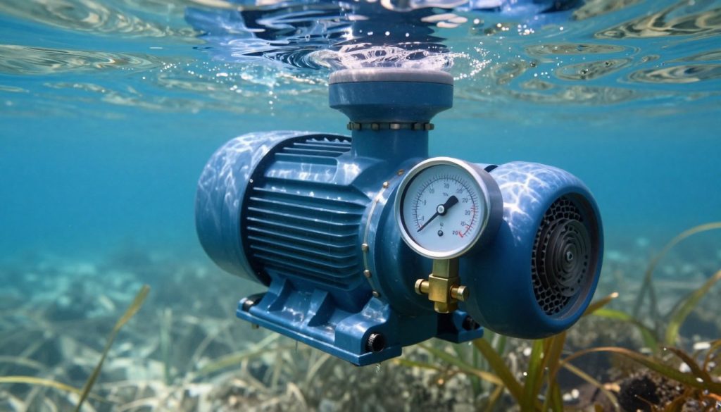 A close-up view of a submerged pump operating in clear blue water, showcasing its key components: the motor, intake, and impeller. In the foreground, highlight the manometric height gauge prominently, emphasizing its importance in determining pump performance. The middle ground features the pump immersed in water, with light rays penetrating the surface, casting reflections. In the background, a serene underwater landscape with gentle currents and aquatic plants creates a calm atmosphere. The lighting is bright yet soft, simulating natural light. Capture the scene from a slightly angled top-down perspective, enhancing the technical look while maintaining clarity. The mood is informative and professional, suitable for an engineering article. Ensure there are no people, text, or distractions in the scene.
