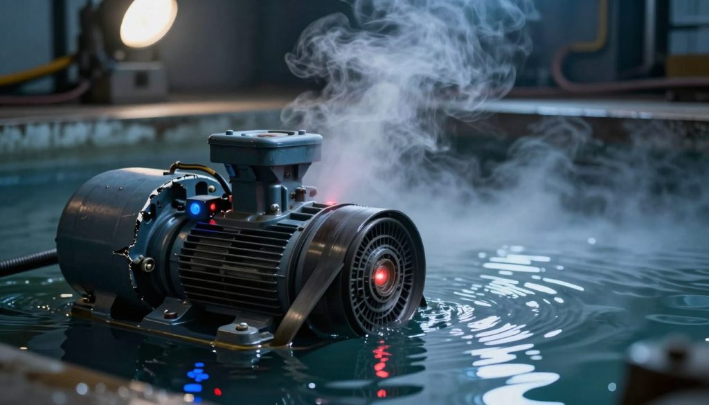 A close-up view of a submerged pump partially submerged in water, with visible overheating indicators like steam rising, warning lights glowing, and a cracked casing. The foreground captures the pump's intricate mechanisms, showcasing wires and belts, while blue and red lights flicker ominously, hinting at malfunctions. In the middle ground, the water ripples, reflecting distorted images of the surroundings, emphasizing the high temperature with a haze effect. The background features a dark, industrial environment, with shadows cast by overhead lights, creating a tense atmosphere. The lighting is dramatic, with sharp contrasts highlighting the pump's features against the soft blue of the water. The overall mood conveys urgency and concern about the overheating issue.