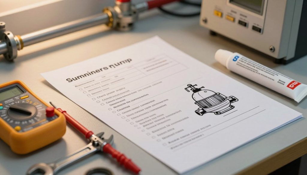 A close-up view of a technical checklist for maintaining a submerged pump, laid out on a workbench. The foreground features tools like a multi-meter, wrench, and grease, highlighting the maintenance aspect. In the middle, the checklist is pinned next to a diagram of a submerged pump, with clear procedures such as "Check power supply" and "Inspect the connection" written in neat handwriting. The background shows a well-lit workspace with pipes and a control panel to emphasize the technical environment. Soft, warm lighting casts gentle shadows, creating an inviting and professional atmosphere. The image should be sharply focused, simulating a depth of field effect to draw attention to the details while keeping the overall scene clean and organized.