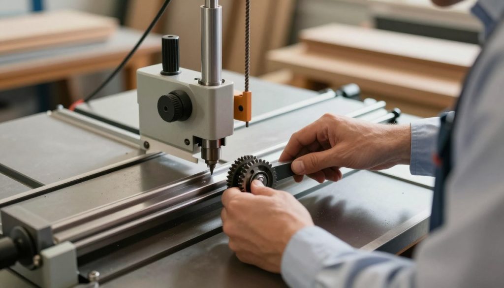 A close-up view of a technician in professional business attire adjusting the tension of a bandsaw blade. In the foreground, focus on the technician's hands gripping the tension adjustment mechanism, with intricate details of the tool's gears and mechanisms visible. In the middle, the bandsaw with its blade prominently displayed, showcasing the shininess of the metal and the precision of the setup. The background reveals a well-lit workshop environment, with wooden and metal materials arranged neatly. Soft, warm lighting casts gentle shadows, creating an atmosphere of focused professionalism. Capture the sense of concentration and problem-solving inherent in the work, emphasizing the importance of precision in the bandsaw's performance.