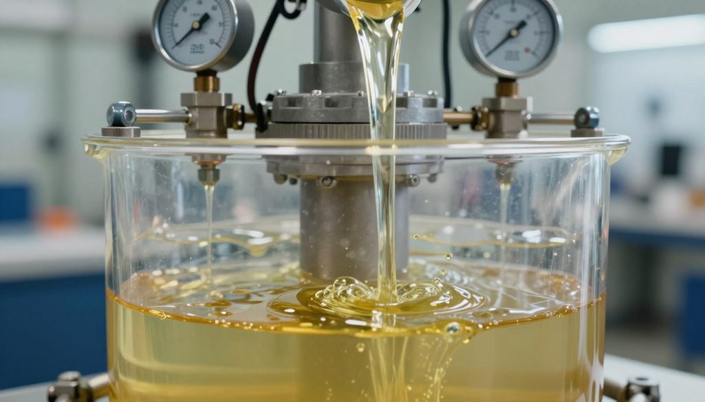 A close-up view of a transparent hydraulic oil reservoir showcasing varying viscosities of hydraulic oil. In the foreground, the oil flows smoothly, with different levels of thickness displayed as it pours into a mechanical pump. The middle layer features machinery, such as gauges and pipe fittings, highlighting technical aspects of hydraulic systems. In the background, soft-focus industrial equipment is visible, under soft, diffused lighting that conveys a clean, professional atmosphere. The image should have a crisp, high-definition quality, capturing minute details of the oil's texture and movement. The mood is informative and technical, aimed at illustrating the qualities of hydraulic oil related to viscosity.