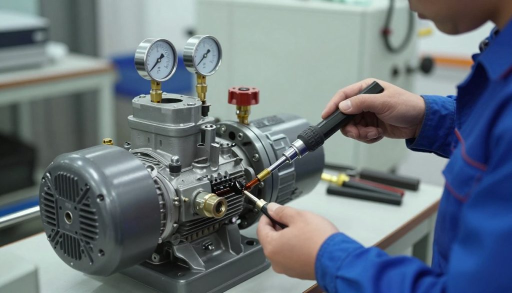 A close-up view of a vacuum pump being lubricated in a well-lit industrial workshop. In the foreground, a technician in a blue jumpsuit carefully applies lubrication to the pump with a precision tool. The middle ground features the vacuum pump itself, showcasing intricate details such as the lubrication points, gauges, and valves. The background is filled with industrial equipment and tools, slightly blurred for depth. The lighting is bright and focused on the pump, creating a professional and technical atmosphere. The overall mood conveys diligence and safety, emphasizing the importance of maintenance and checking lubrication levels. The angle is slightly tilted to capture both the technician's focused action and the pump’s structural components.