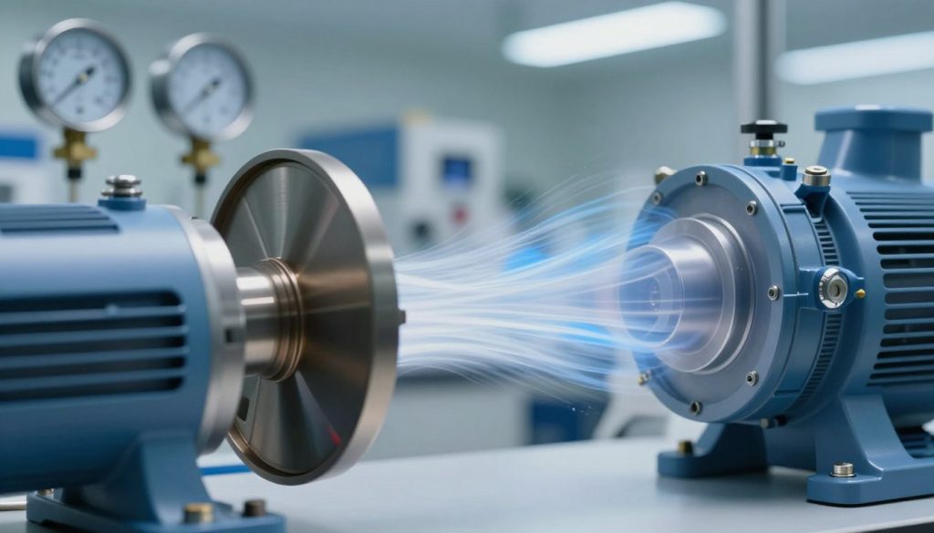 A close-up view of a vacuum pump in a laboratory setting, showcasing the airflow dynamics within the pump. In the foreground, depict the intricate components of the pump, such as the rotor and stator, with clear details highlighting their textures and materials. In the middle ground, visualize the movement of air as it flows through the pump, illustrated with a translucent blue and white airflow pattern to signify efficiency and direction. In the background, include soft-focus lab equipment like gauges and tubes, softly illuminated by overhead lighting to create a clean and professional atmosphere. Aim for a clear, dynamic composition that conveys technical precision, with an overall mood of innovation and engineering excellence. A close-up view of a vacuum pump in a laboratory setting, showcasing the airflow dynamics within the pump. In the foreground, depict the intricate components of the pump, such as the rotor and stator, with clear details highlighting their textures and materials. In the middle ground, visualize the movement of air as it flows through the pump, illustrated with a translucent blue and white airflow pattern to signify efficiency and direction. In the background, include soft-focus lab equipment like gauges and tubes, softly illuminated by overhead lighting to create a clean and professional atmosphere. Aim for a clear, dynamic composition that conveys technical precision, with an overall mood of innovation and engineering excellence.