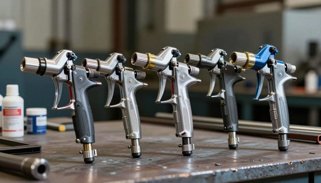 A close-up view of a variety of industrial paint guns used in metallurgy, showcasing different models side by side. Each gun features distinct designs and features, such as adjustable nozzles and ergonomic grips, reflecting their specialized applications in metal painting. The foreground captures the intricate details of the paint guns, highlighting metallic finishes and well-crafted components. The middle ground displays a workbench scattered with paint supplies, emphasizing a working environment, while the background includes blurred industrial elements like metal sheets and machinery, creating a sense of context. The lighting is bright and focused, enhancing the metallic surfaces and casting soft shadows. The overall mood is professional and industrious, suitable for a technical overview of painting tools in the metallurgy sector.