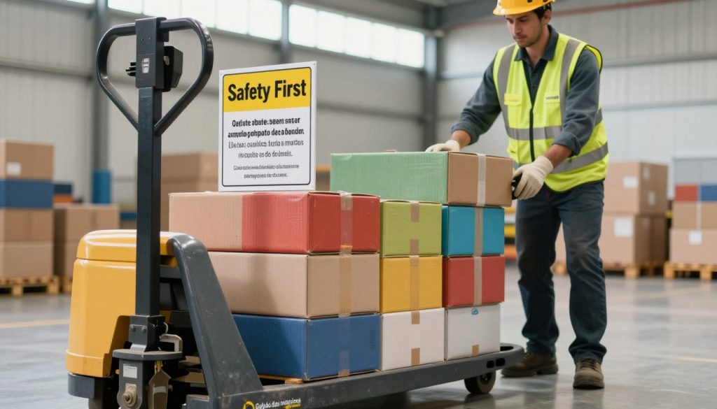 A close-up view of a warehouse setting featuring a manual pallet jack being operated safely. In the foreground, a professional worker in a safety vest and helmet is carefully using the pallet jack to lift a stack of colorful boxes, demonstrating proper technique. In the middle, there's a clear depiction of safety signage indicating "Safety First" and guidelines in Portuguese, highlighting compliance with Brazilian regulations. The background showcases a tidy loading area with pallets neatly arranged and a well-lit environment, emphasizing an organized workspace. Natural light filters in from overhead windows, creating a bright and alert atmosphere. The branding "Galpão das máquinas" is subtly incorporated into the design of the pallet jack. The overall mood is professional and safety-conscious, reflecting the importance of proper handling procedures in material transport.