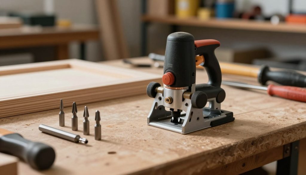 A close-up view of a wood router setup in a well-lit workshop environment. In the foreground, the router is positioned on a sturdy workbench, showcasing its adjustable depth setting and fine-tuning knobs. Surrounding the router, various router bits are neatly arranged, exhibiting different profiles for woodworking. In the middle ground, a woodworking project partially assembled, like a wooden cabinet door, adds context to the scene, hinting at the router's application. The background features shelves of tools and materials, emphasizing an organized workspace. Soft, diffused lighting casts gentle shadows to create a focused yet warm atmosphere, ideal for craftsmanship. The angle is slightly elevated, providing a comprehensive view of both the router and the surrounding workspace.