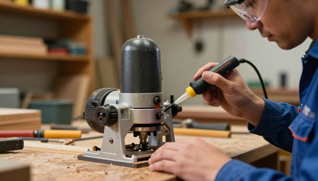 A close-up view of a woodworking router on a workbench, emphasizing the lubrication process. In the foreground, a technician wearing a blue work shirt and safety goggles carefully applies a lubricant to the router's motor parts using a precision oil applicator. The middle layer features the router itself, highlighting its intricate components, with droplets of oil glistening under directed warm light to enhance texture and detail. In the background, shelves filled with tools and wood materials slightly blurred to create depth, suggesting a workshop environment. The atmosphere is focused and meticulous, conveying a sense of professionalism and care in maintenance. Soft, natural lighting to give a welcoming feel, with an overall mood of diligence and craftsmanship.