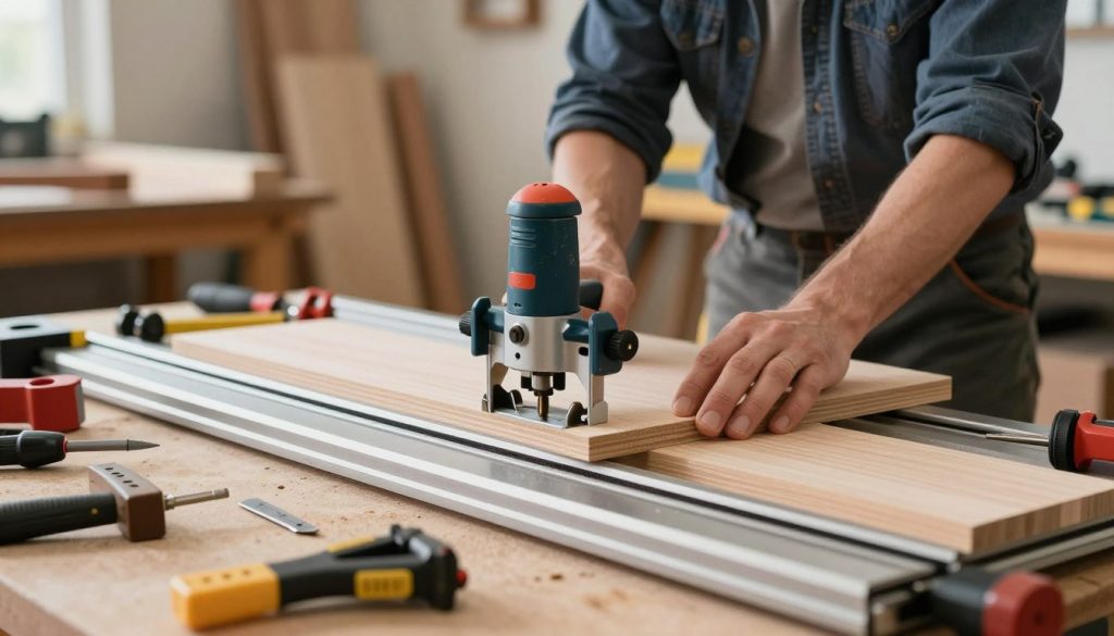 A close-up view of a woodworking router table being used to fix a wooden piece for milling details and moldings. In the foreground, show a well-maintained router with precision bits ready for use, surrounded by neatly organized tools like clamps and measuring instruments. The middle layer features a focused individual, dressed in casual work attire, carefully positioning a rectangular wooden board against the router's guide, showcasing proper technique and safety. The background includes a well-lit workshop filled with various woodworking tools and materials, with soft, diffused lighting creating a calm, productive atmosphere. The image conveys professionalism and attention to detail, emphasizing the importance of securing the piece correctly for successful woodworking results.