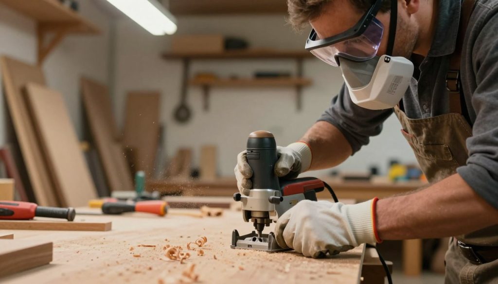 A close-up view of a woodworking workshop featuring an operator carefully using a router (tupia), wearing essential Personal Protective Equipment (EPI) including safety goggles, gloves, and a dust mask. In the foreground, focus on the operator’s hands skillfully adjusting the router, showcasing their professionalism and attention to safety. The middle ground should depict the router in action, with wood shavings flying, emphasizing the importance of protection against debris. In the background, the workshop is well-lit with warm lighting, highlighting various hand tools and wooden materials, creating a productive atmosphere. Ensure the operator is dressed in modest casual clothing, reinforcing a safe and workplace-compliant scene. The overall mood is one of diligence and safety awareness, showcasing the significance of EPI in woodworking operations.